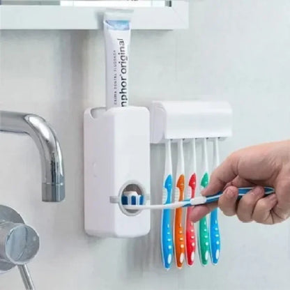 Toothpaste Dispenser With 5 Brush Holder Wall Mounted Automatic Hands Free Toothpaste Dispenser